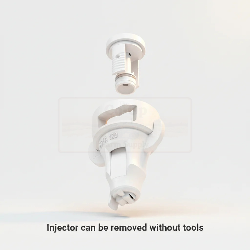 White injector component on a light gray background with text indicating it can be removed without tools.