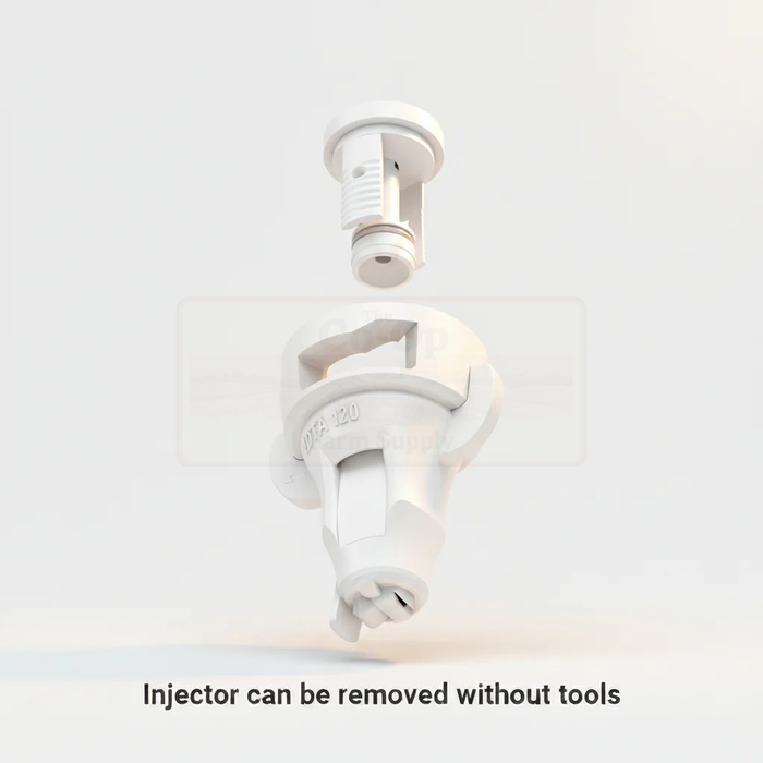 White injector component on a light gray background with text indicating it can be removed without tools.