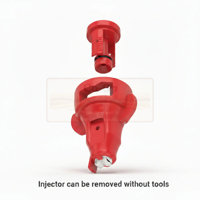 Red injector with a smaller component on a white background