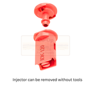 Red injector with text indicating it can be removed without tools on a white background