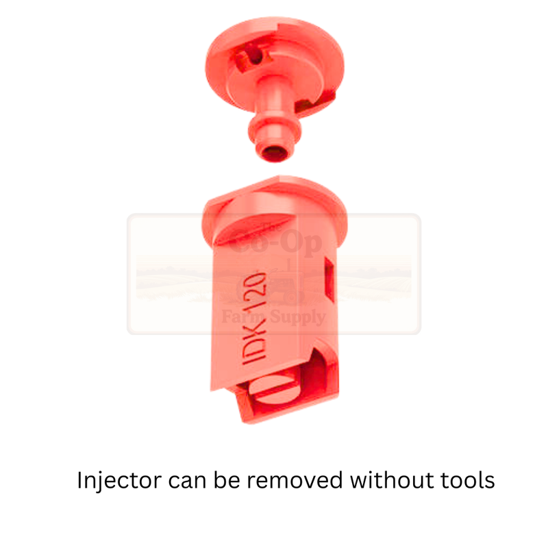 Red injector with text indicating it can be removed without tools on a white background