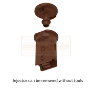 Brown agricultural injector with text on a white background