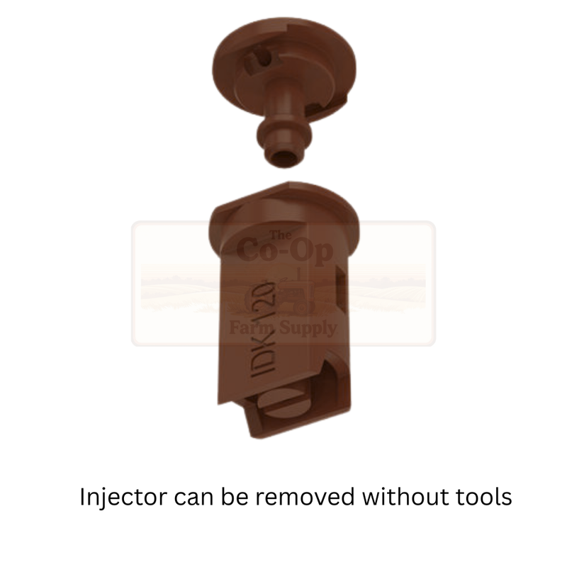 Brown agricultural injector with text on a white background
