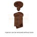 Brown agricultural injector with text on a white background