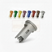 Set of color-coded plastic tools on a white background