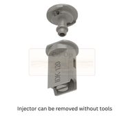 Gray injector with text indicating it can be removed without tools on a white background