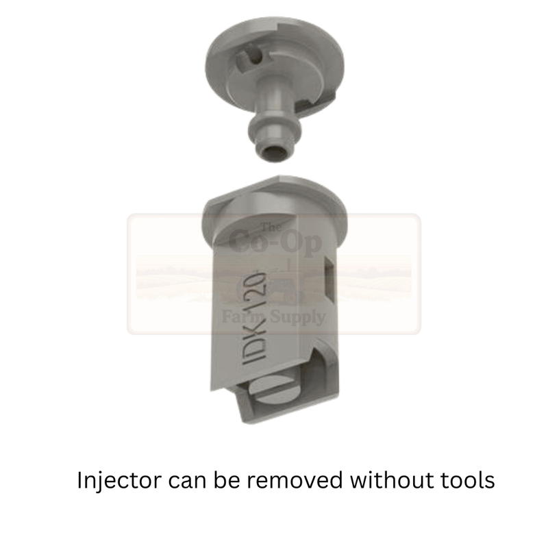 Gray injector with text indicating it can be removed without tools on a white background