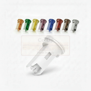 White plastic component with colorful counterparts on a white background