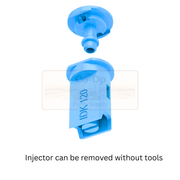 Blue injector with text indicating it can be removed without tools on a white background