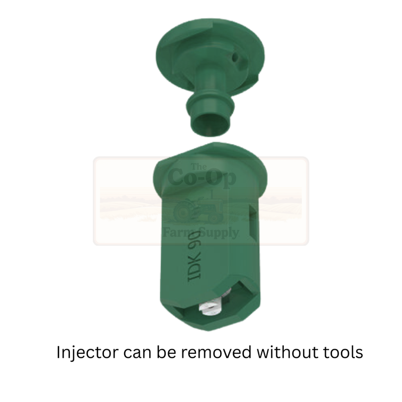 Green agricultural injector with text on a white background