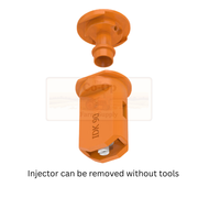 Orange injector with a clear background and text indicating it can be removed without tools.