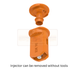 Orange injector with a clear background and text indicating it can be removed without tools.