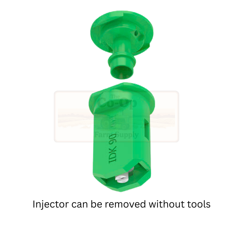 Green injector with detachable nozzle on a white background