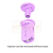 Purple injector with clear cap on a white background