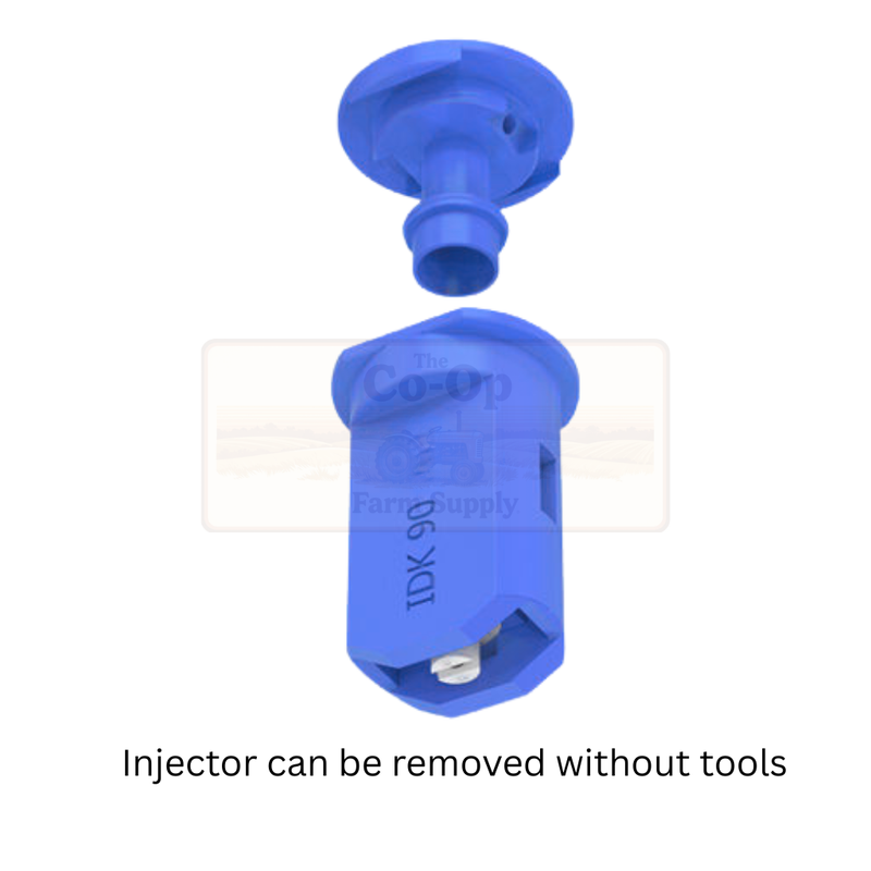 Blue plastic injector with text 'Injector can be removed without tools' on a white background