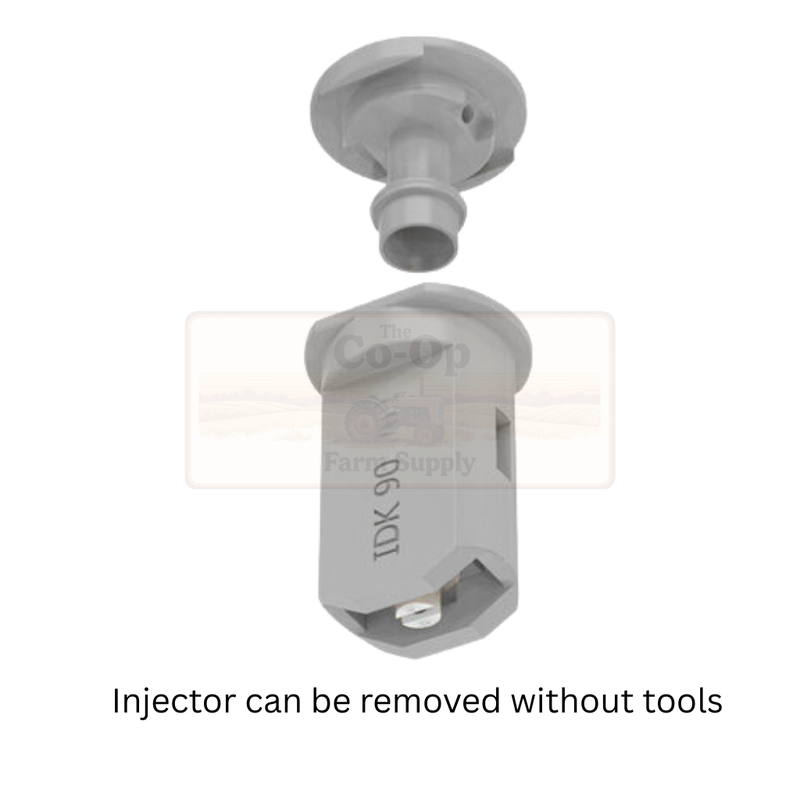 Mechanical injector component on a white background with text indicating it can be removed without tools.