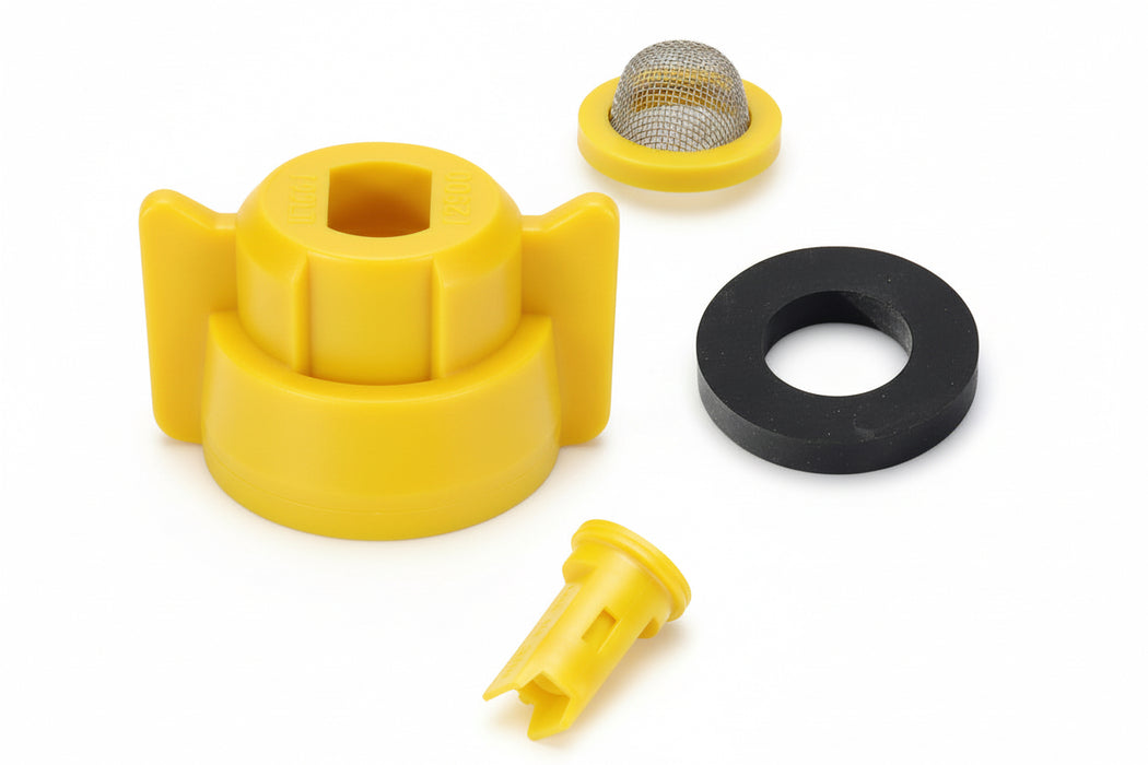 Set of Yellow and black plastic components on a white background