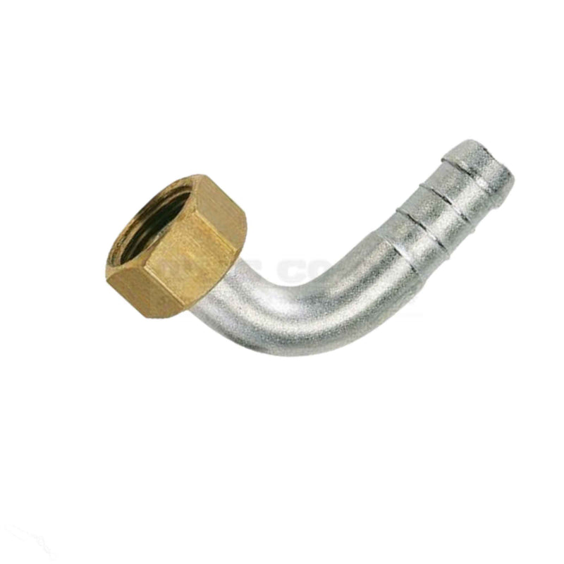 1/2" Brass Nut and Tail - 90ø Elbow 10mm (3/8") Hose Barb BR.1631502.12