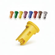 Red plastic component with eight smaller colored components on a white background
