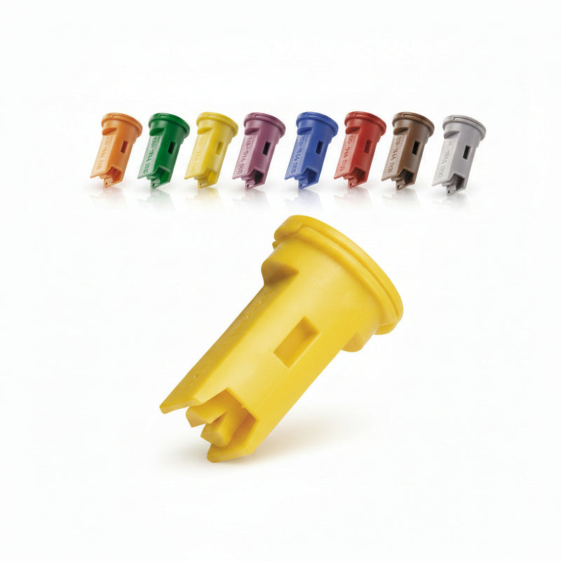 Red plastic component with eight smaller colored components on a white background