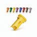 Red plastic component with eight smaller colored components on a white background