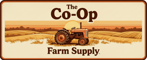 Logo of The Co-Op Farm Supply with a tractor and fields on a beige background