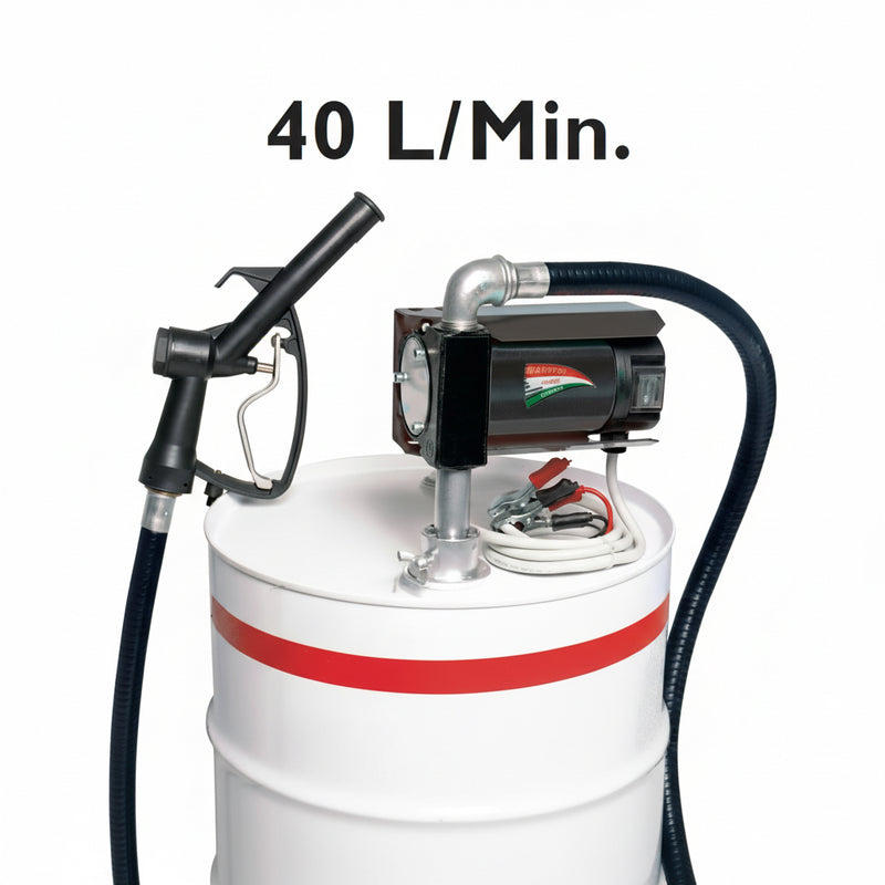 Pump with hoses and a white container labeled '40 L/Min.' on a white background