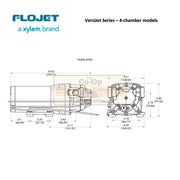Technical dimension drawing of a Flojet VersJet Series 4-chamber pump model, showing front and side profile measurements in inches and millimeters on a white background.