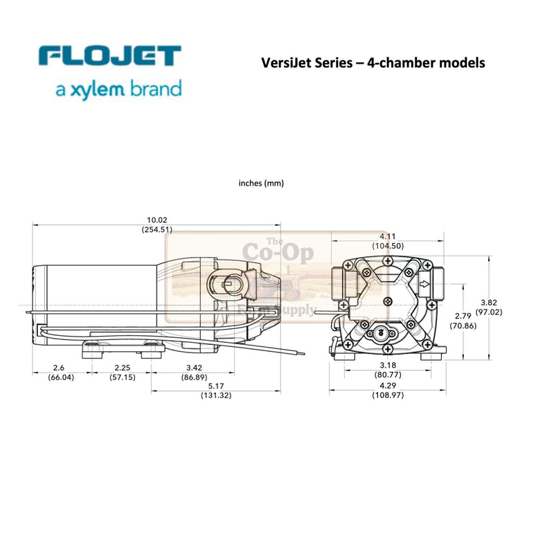 Technical dimension drawing of a Flojet VersJet Series 4-chamber pump model, showing front and side profile measurements in inches and millimeters on a white background.