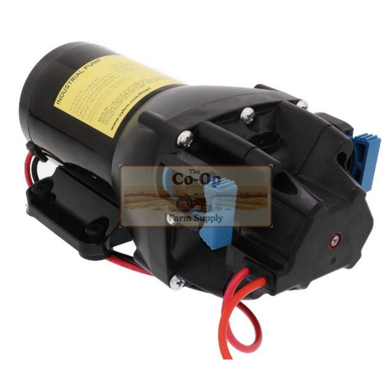 A black Flojet Q351F-118s-2P pump motor with a yellow label, red and black wires, and blue terminal connectors, shown on a white background with a central watermark.