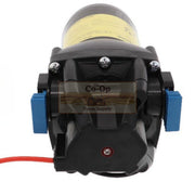 A black flojet Q351F-118s-2P pump with blue side connectors, a yellow label on top, and a red wire extending from the left, shown against a white background.