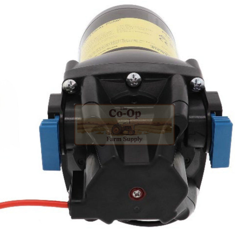 A black flojet Q351F-118s-2P pump with blue side connectors, a yellow label on top, and a red wire extending from the left, shown against a white background.