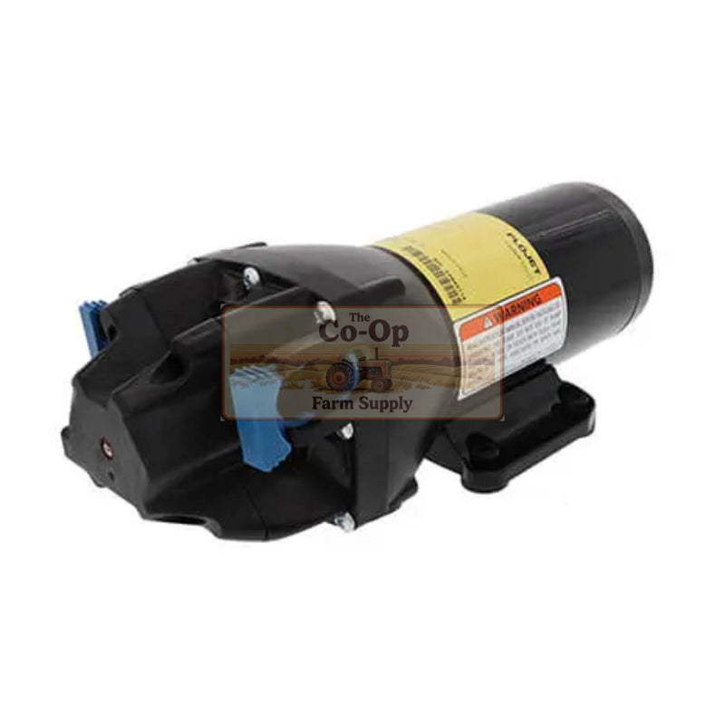 A black pump motor with a yellow label and blue connector, shown on a white background with a 'The Co-Op Farm Supply' watermark overlay.
