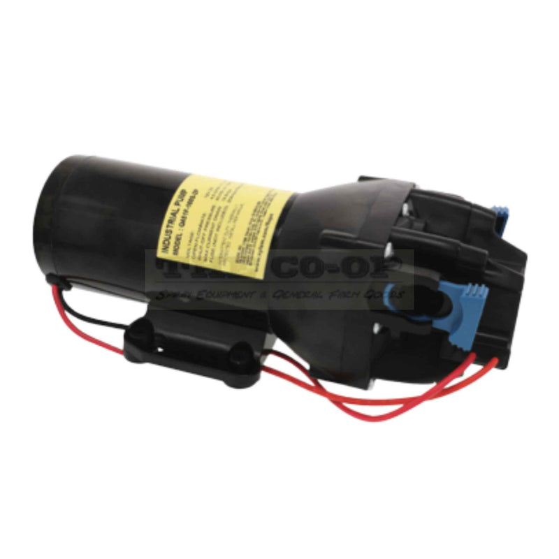 Black mechanical pump with red wires on a white background