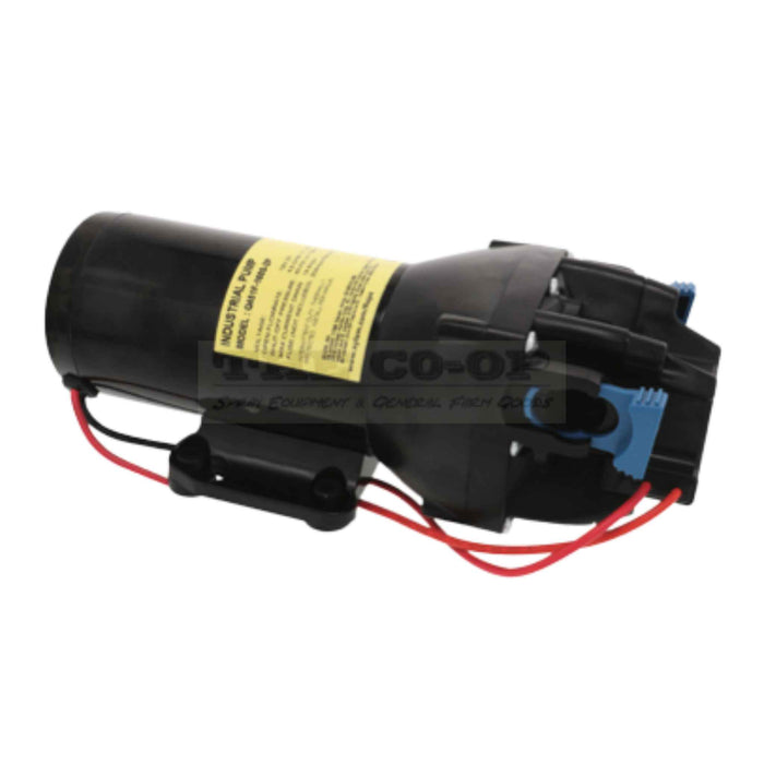 Black mechanical pump with red wires on a white background
