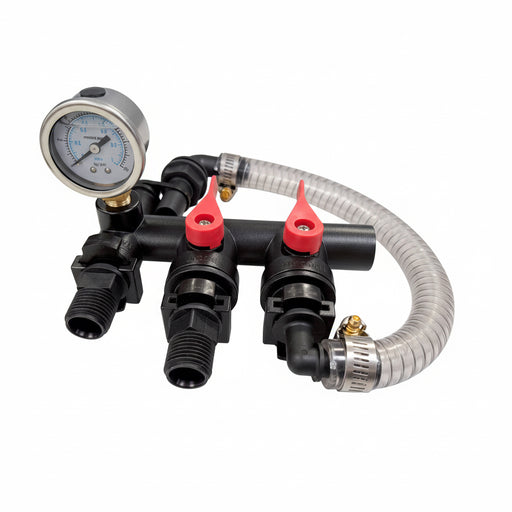 Pump manifold with gauges and hoses on a white background