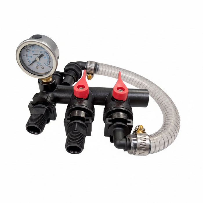Pump manifold with gauges and hoses on a white background