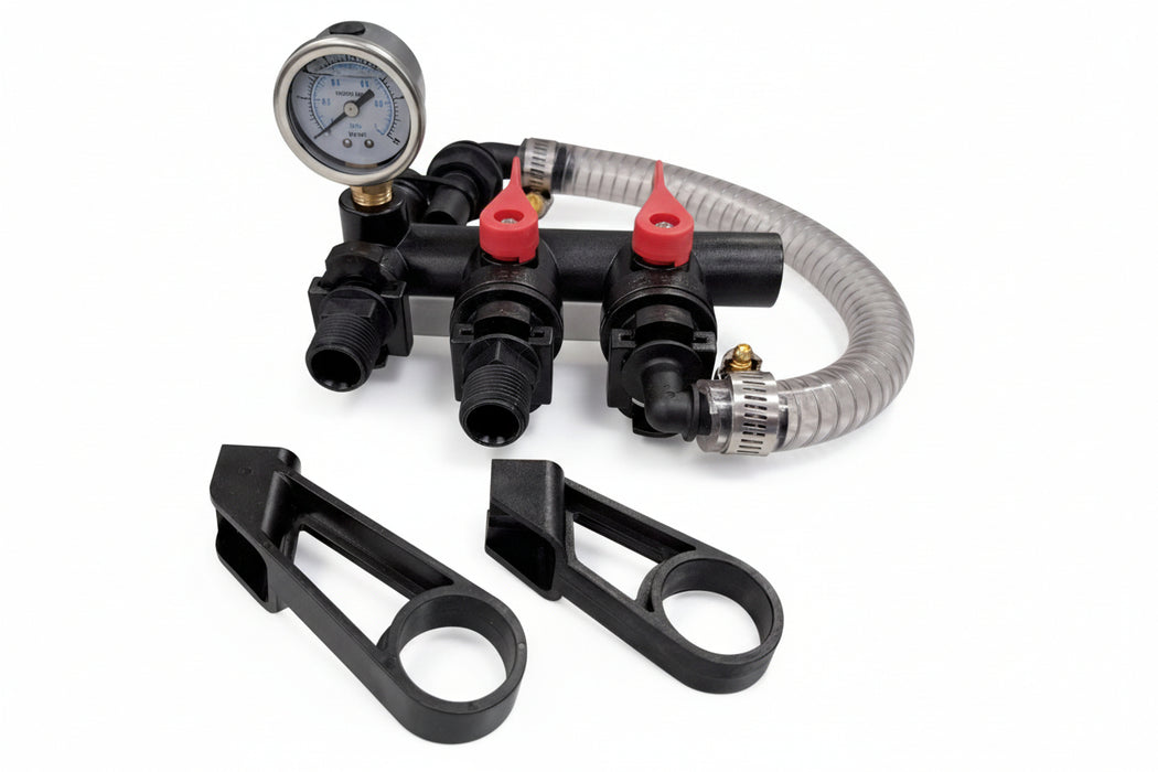 Pump control valve with hoses and gauges on a white background