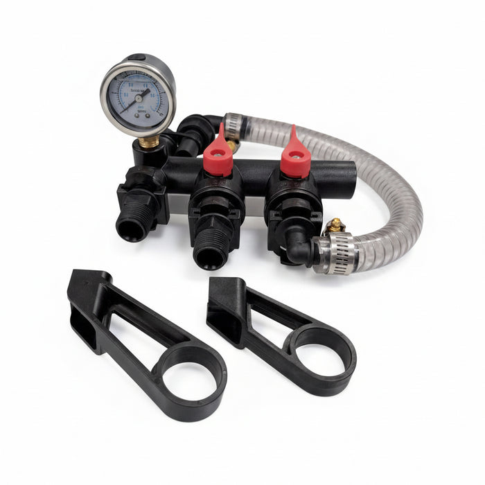 Pump control valve with hoses and gauges on a white background