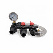 Pump pressure regulator with hoses and gauges on a white background