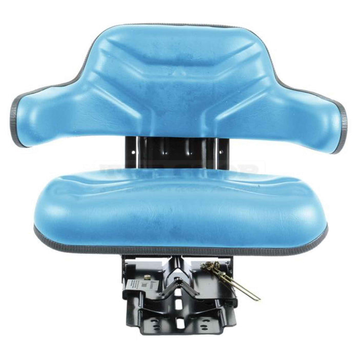 Blue tractor seat with adjustable mechanism on a white background