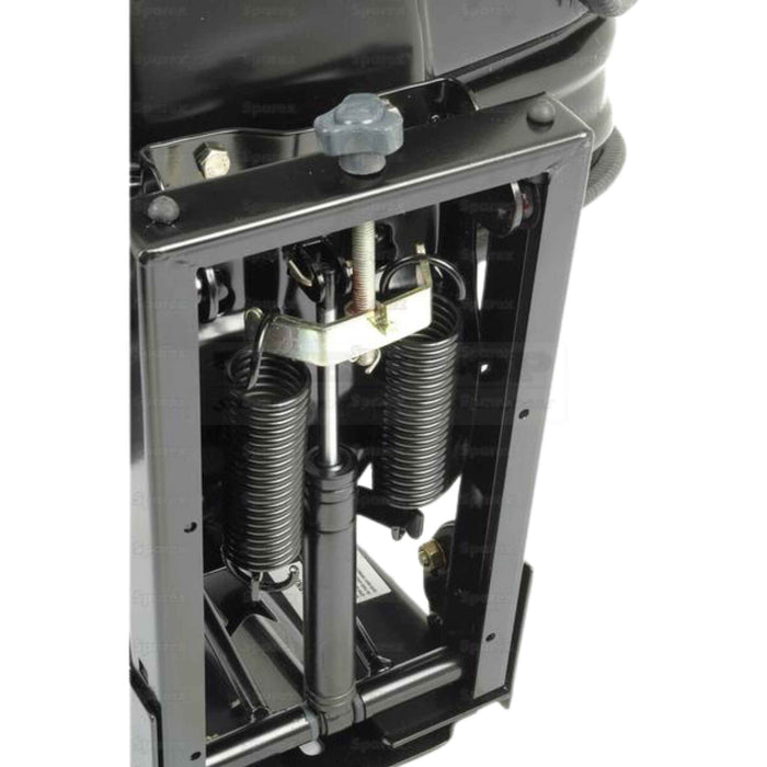 Close-up of a mechanical component with springs and metal parts on a white background