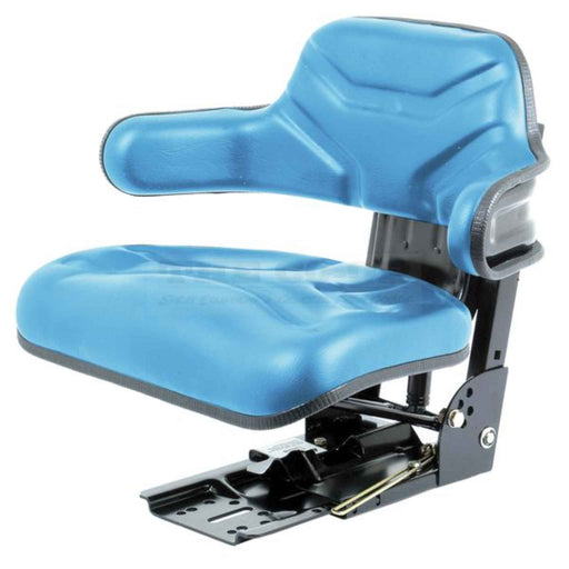 Blue tractor seat with adjustable mechanism on a white background