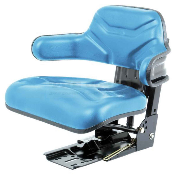 Blue tractor seat with adjustable mechanism on a white background