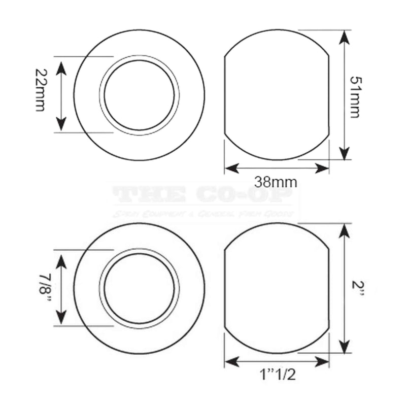 Technical drawing of four circular components with dimensions