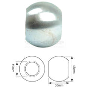 Metallic sphere with dimensions labeled on a white background