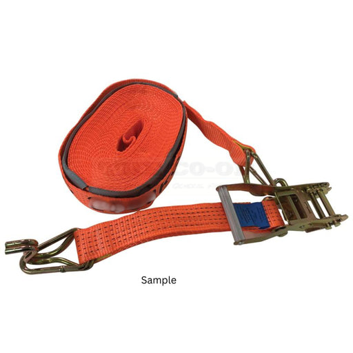Orange ratchet strap with metal hooks on a white background