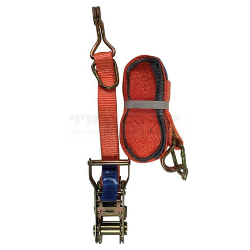 Red ratchet strap with a metal ratchet mechanism on a white background