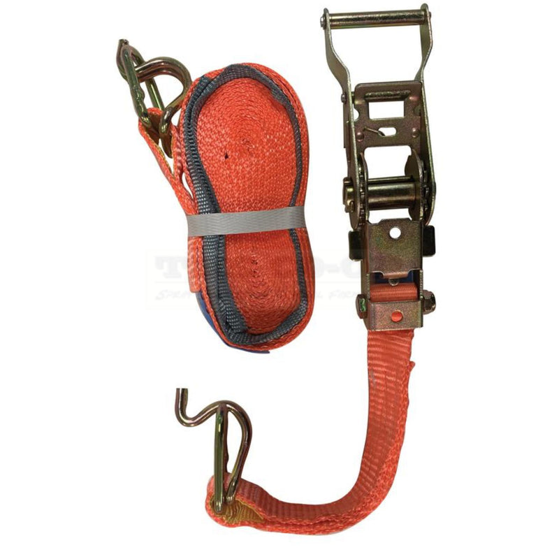Orange ratchet strap with metal hooks on a white background