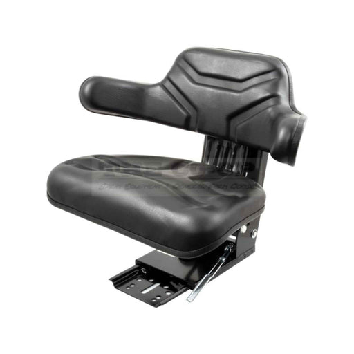 Black adjustable tractor seat on a white background